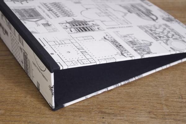 black and white folder with Palladian motifs and technical drawings